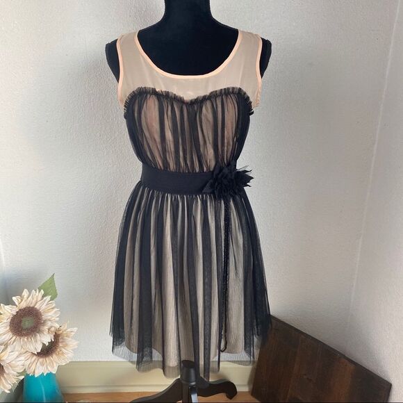 Peach / Coral with Sheer Black Overlay Dress - Picture 1 of 10